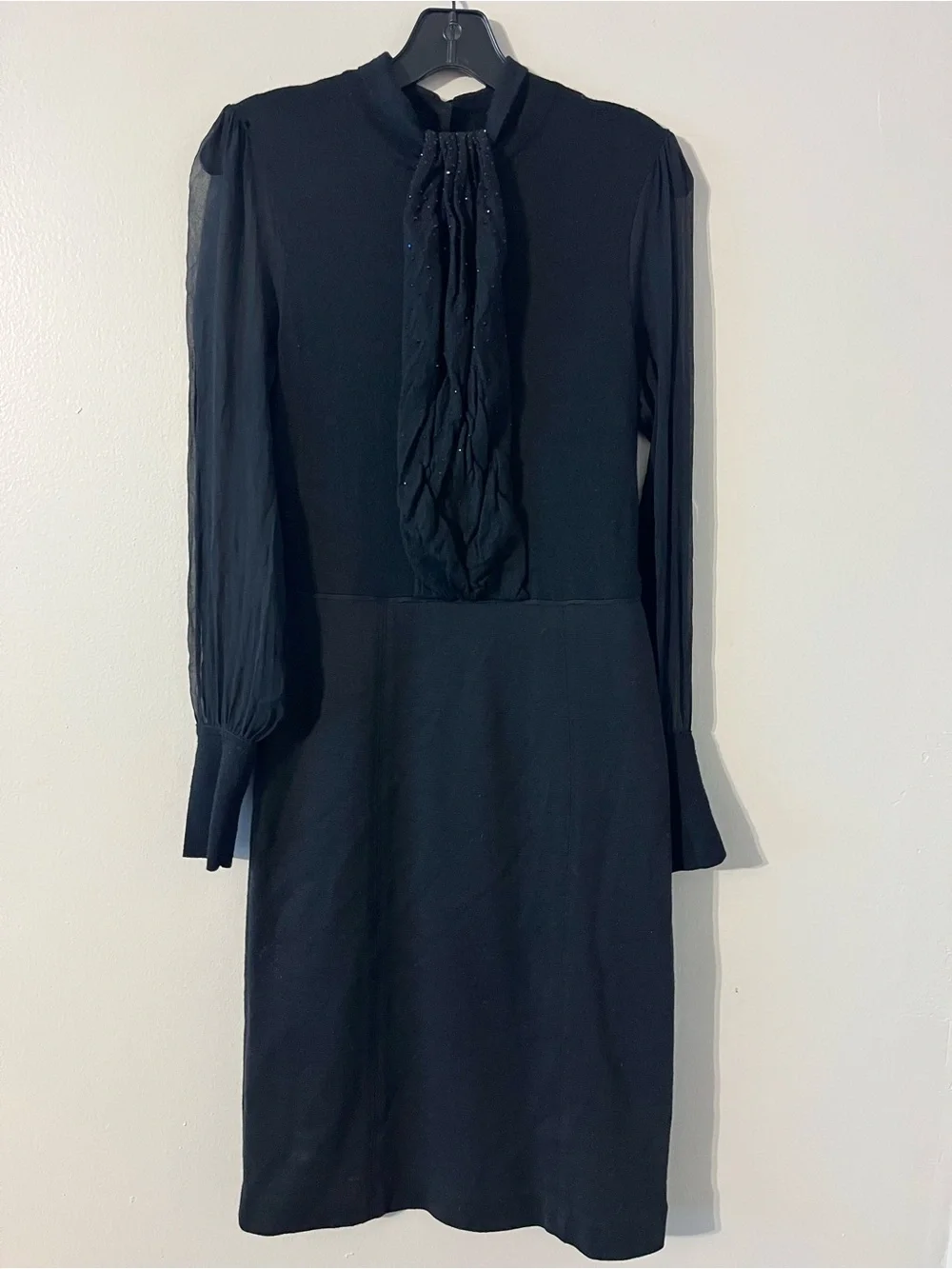 Tory Burch Black vintage Long-Sleeve Midi Dress with Sheer Sleeves and Front Tie